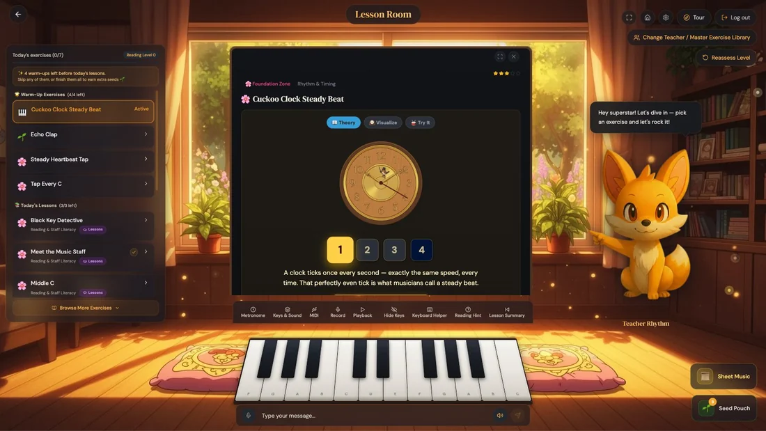 Lesson room with a keyboard, a steady-beat clock, and Rhythm the fox beside the window.