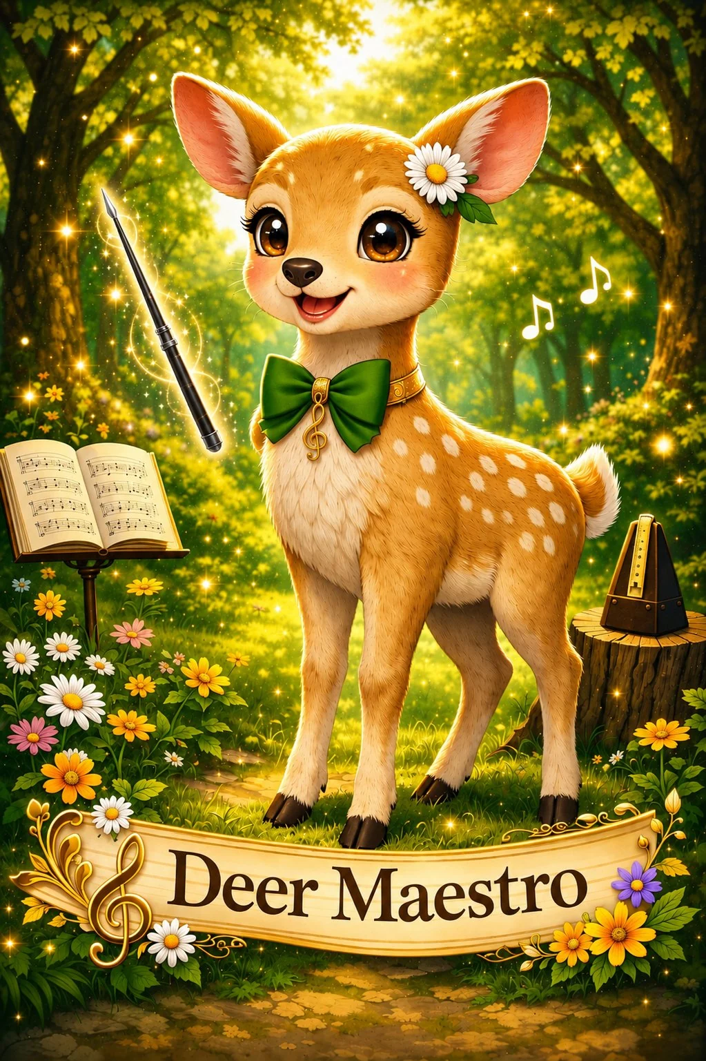 The Deer Maestro Studio deer standing in a sunlit wood with a baton, sheet music, and a metronome.