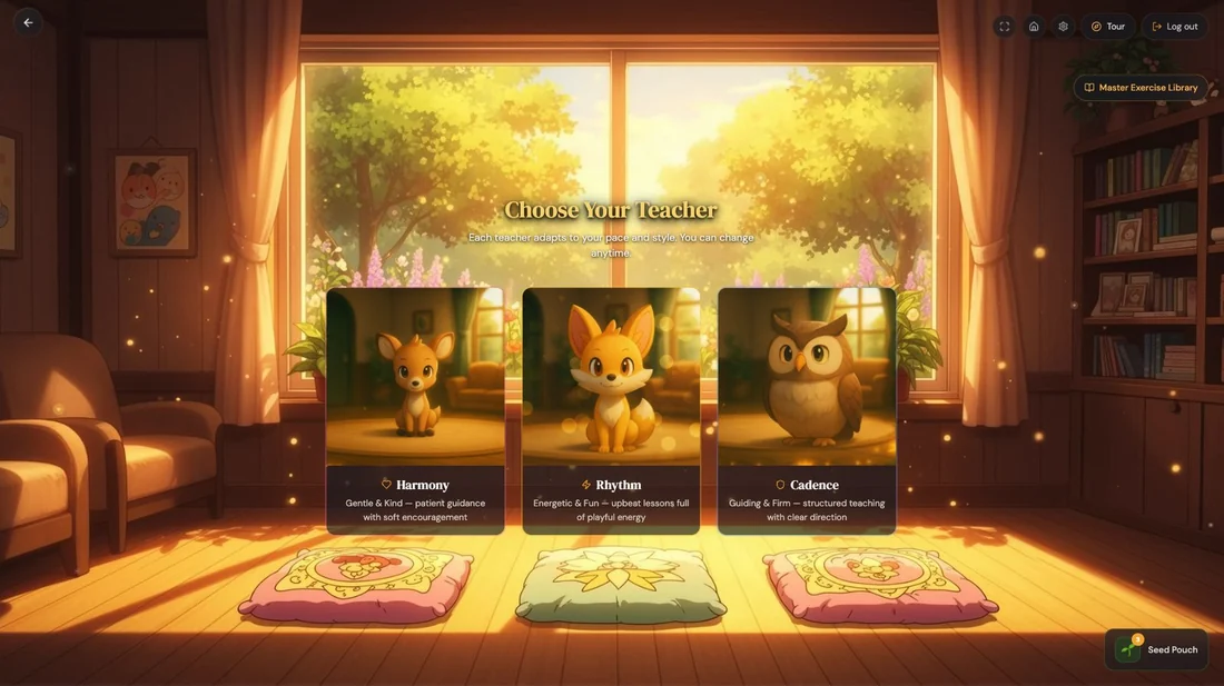 Choose your teacher: Harmony the deer, Rhythm the fox, Cadence the owl.