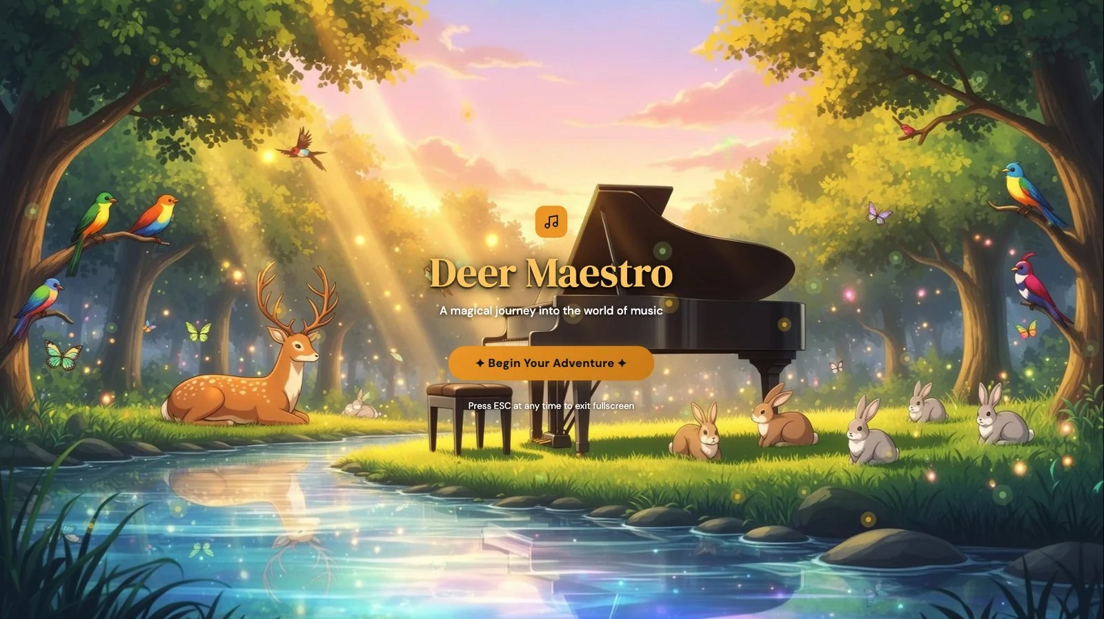 Deer Maestro landing: a deer by a stream, a grand piano in a sunlit clearing, and a waitlist to sign up.