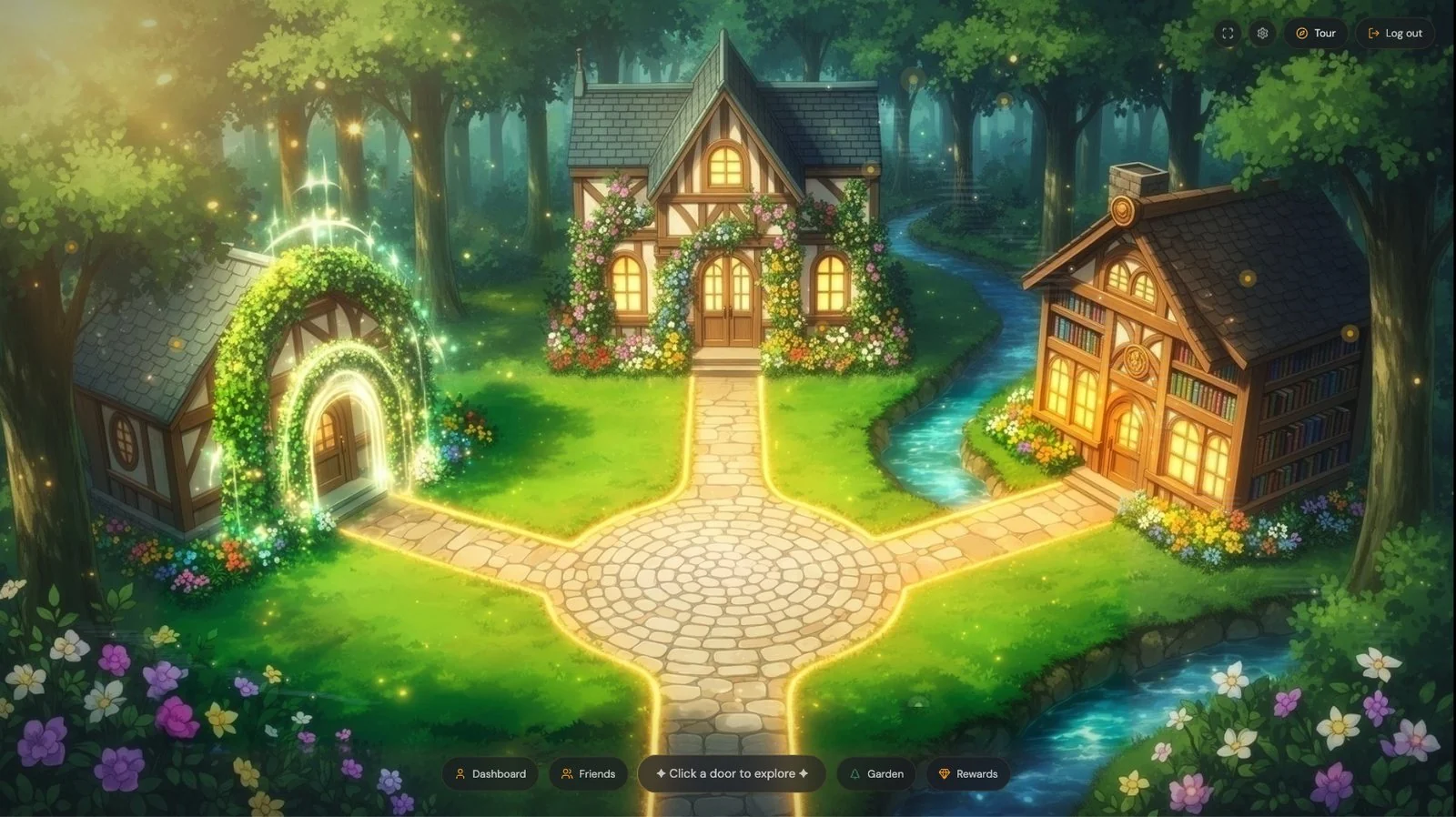Village destinations: Lesson Room, Practice Room, Master Exercise Library, and Garden.