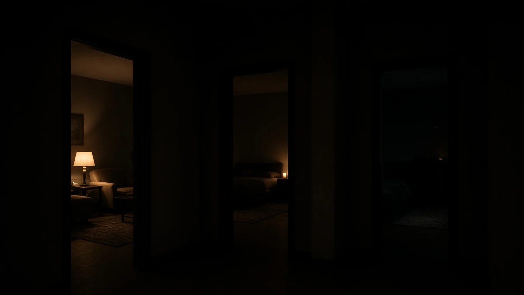 A dark house at night, a few rooms lit from within, the rest still dark.