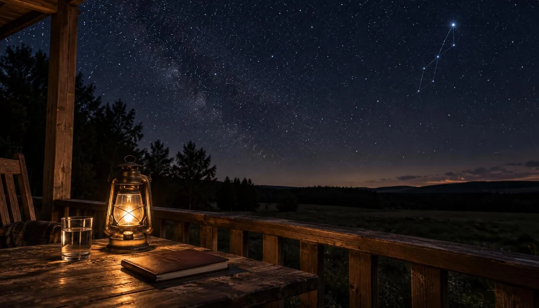 A quiet porch at night: a lantern, a notebook, and a glass of water, under a vast starry sky.