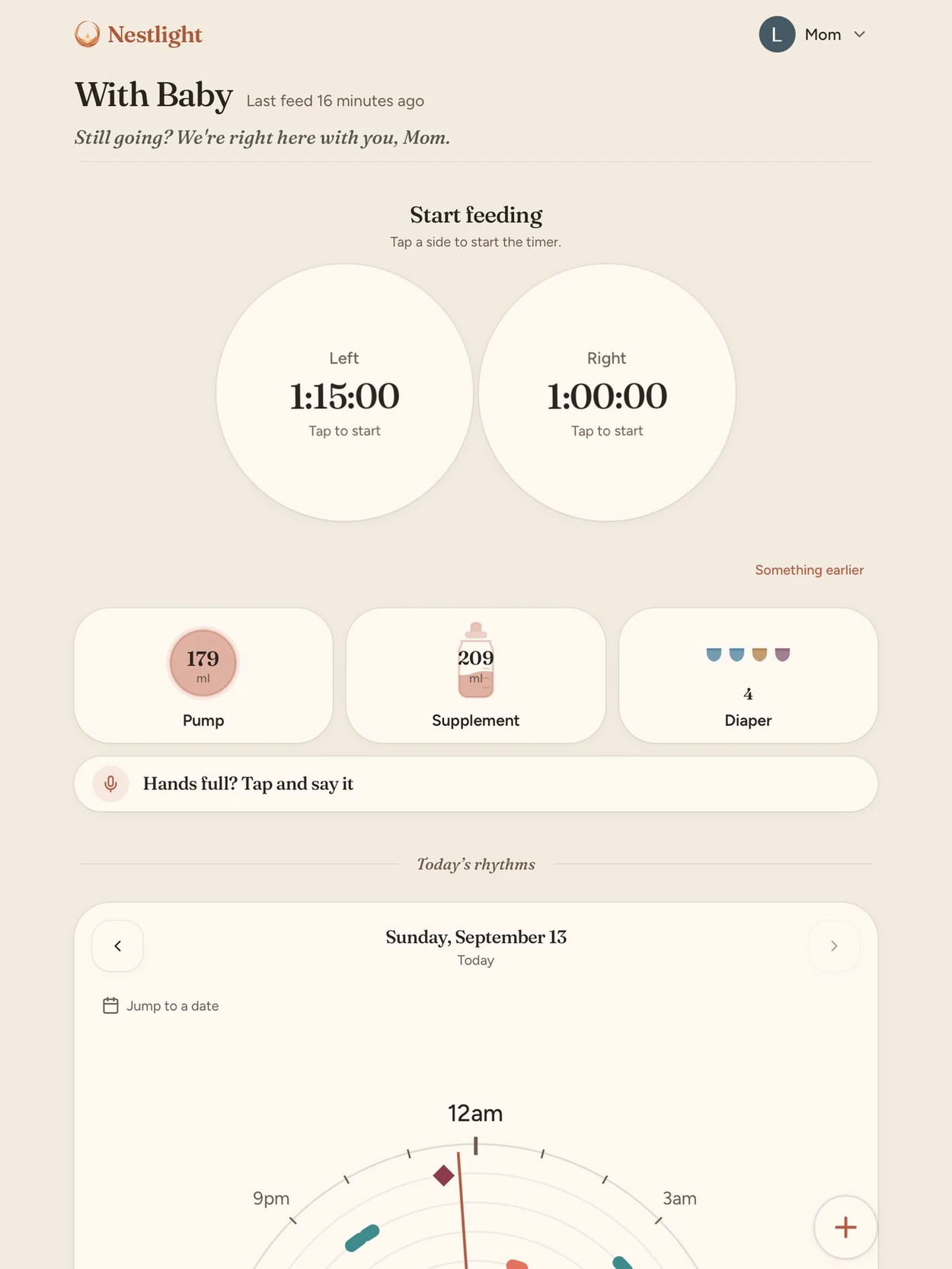 Nestlight Today: two feed timers, pump and supplement totals, and a 24-hour rhythm clock.