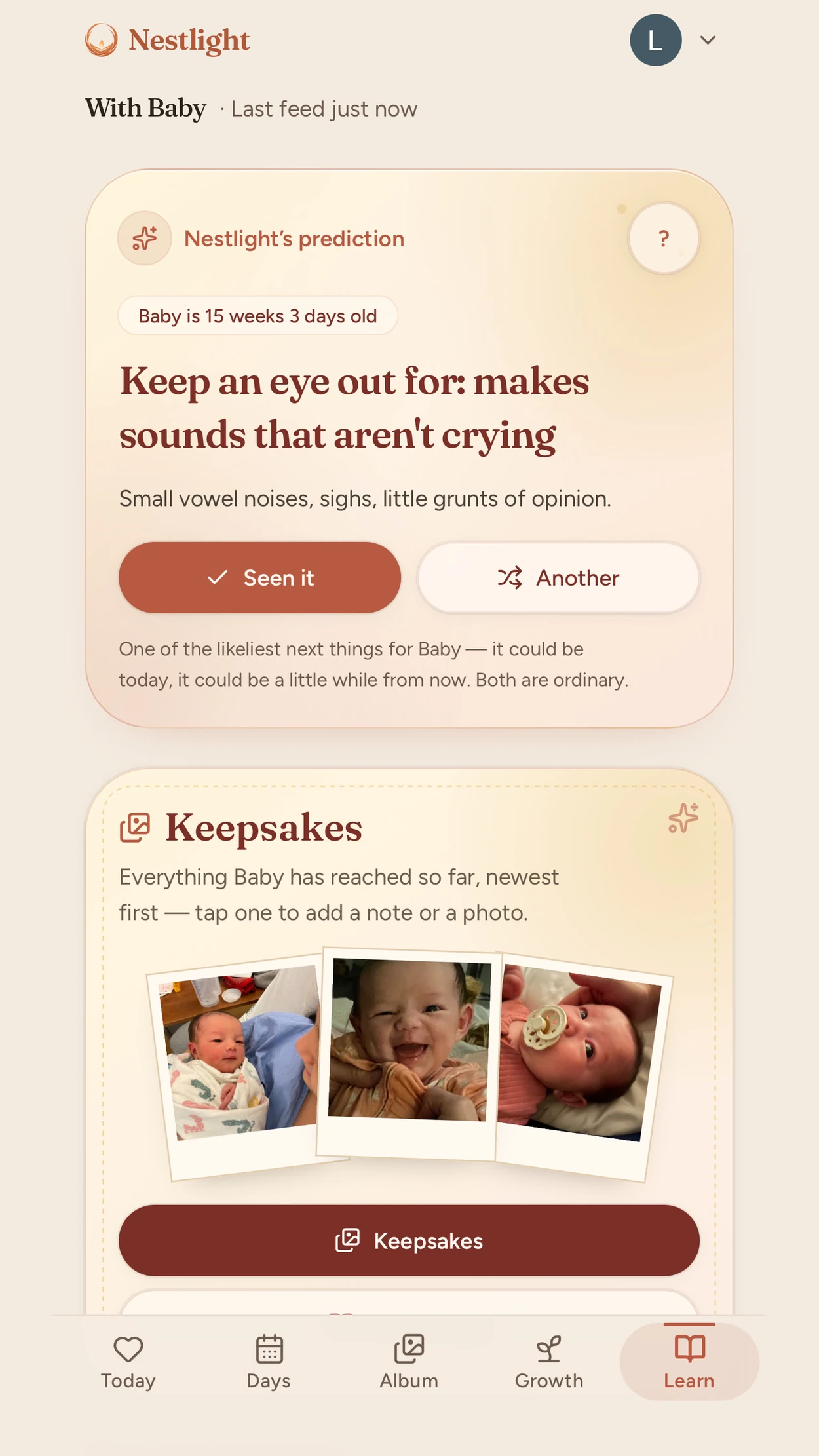 Nestlight Learn: a gentle milestone prediction for this baby’s age, with Seen it and Another, and Keepsakes below.