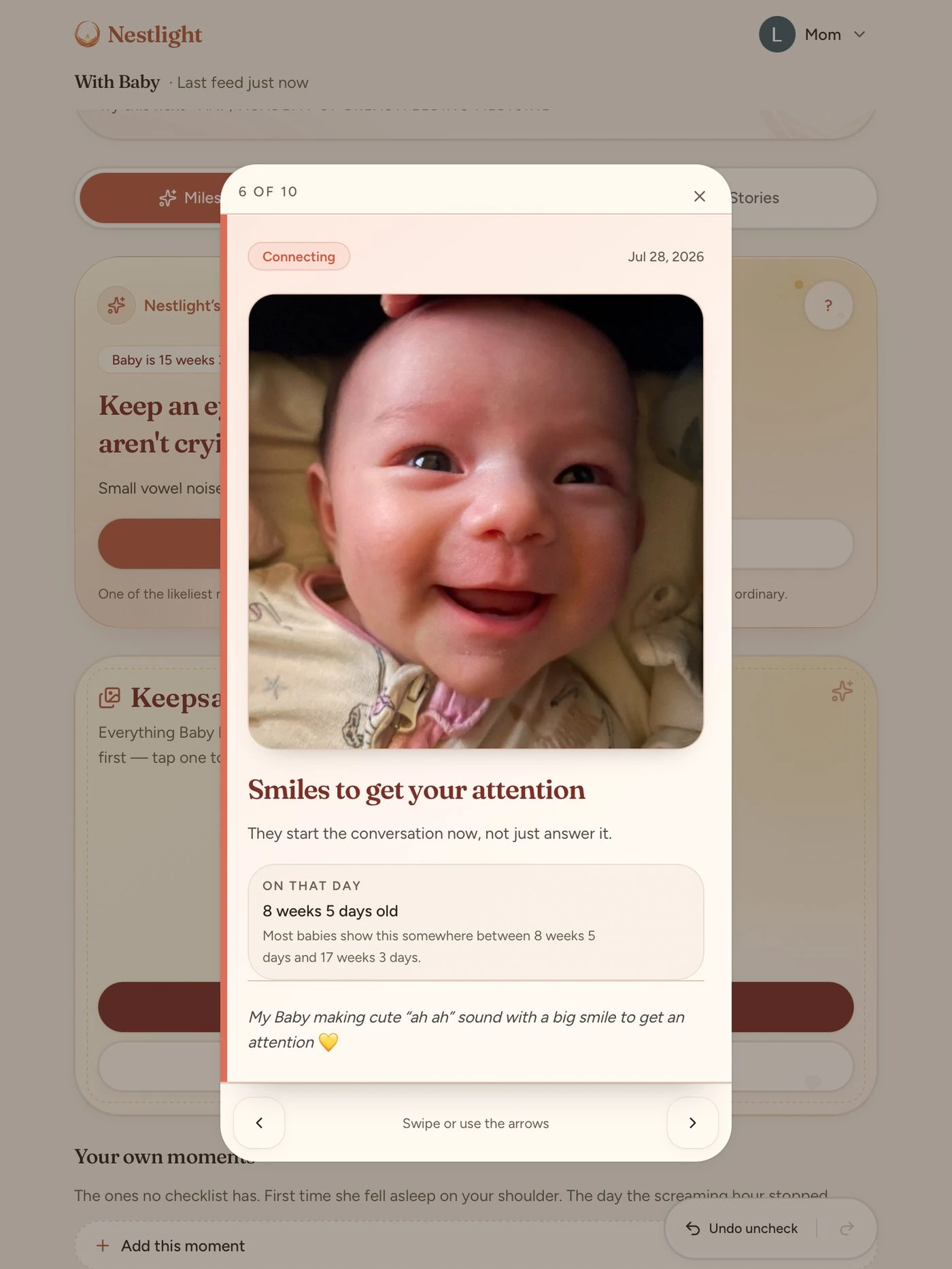 Nestlight keepsake: a smiling baby and the line that smiles start the conversation.