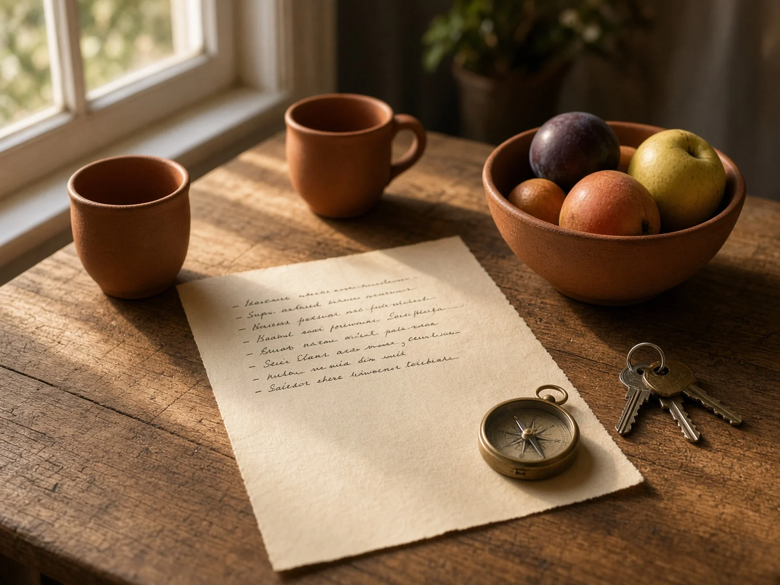 A wooden table: two clay cups, a handwritten list, a small compass, and a set of keys.