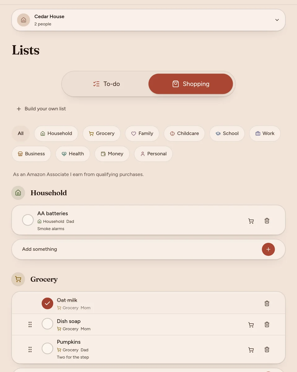 Shared Compass Lists: a shared shopping list grouped by category, ready to check off.