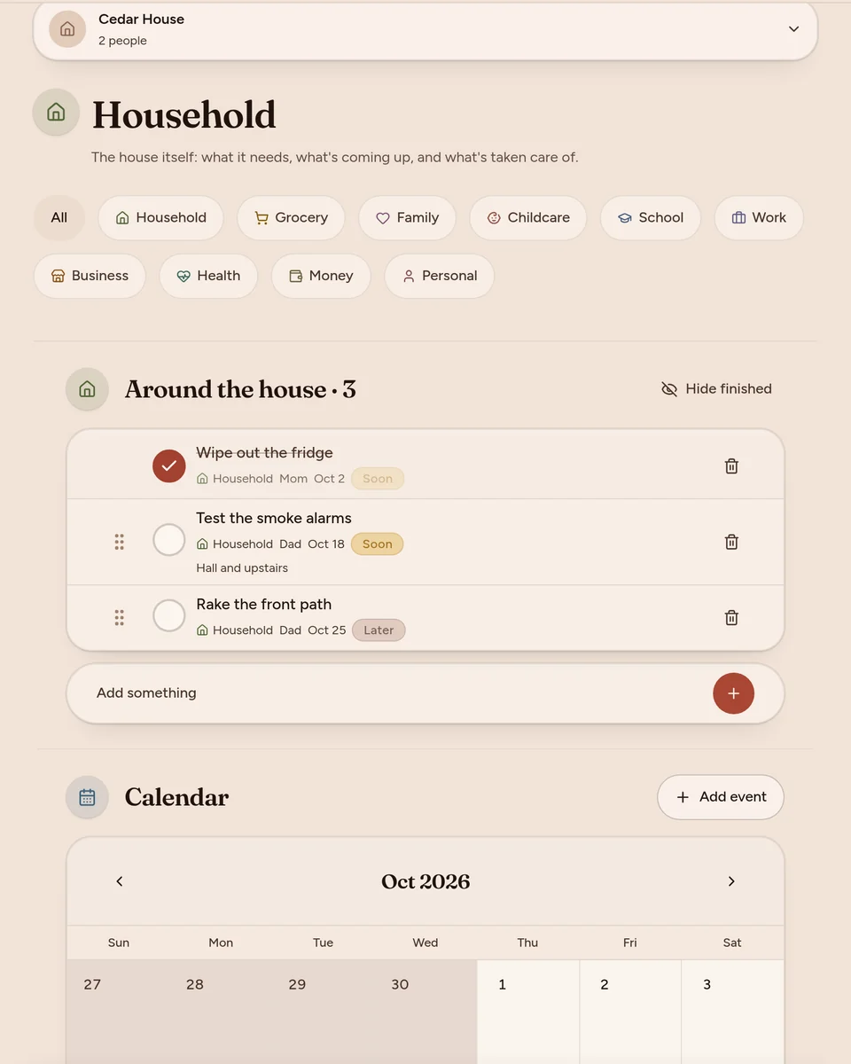 Shared Compass Household: chores around the house with who and when, above a shared calendar.