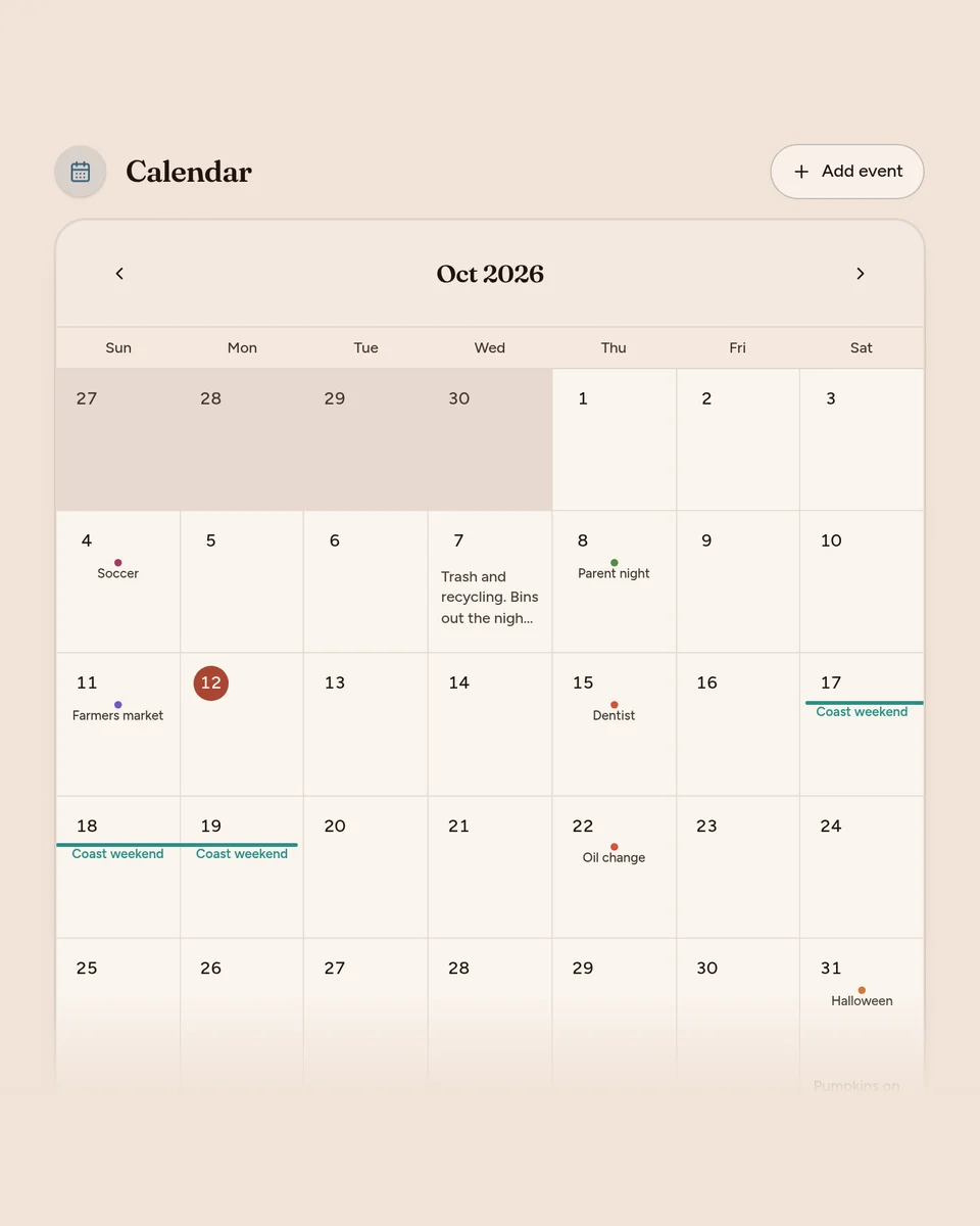 Shared Compass Calendar: the household's month in one shared calendar — soccer, parent night, the dentist, a coast weekend.